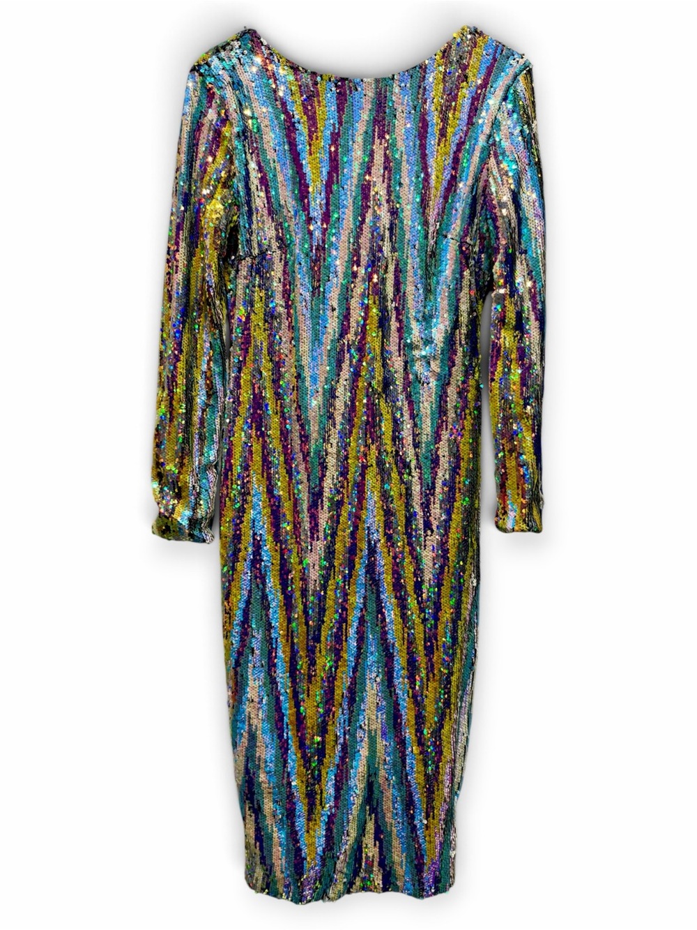 Dress the Population Emery Opal Rainbow Sequin Midi Dress L Low Back Disco
